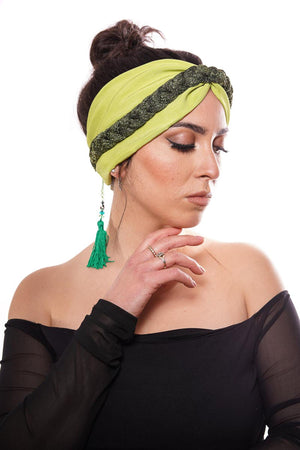 fascia effetto turbante made in Italy con treccina e pendente verde lime