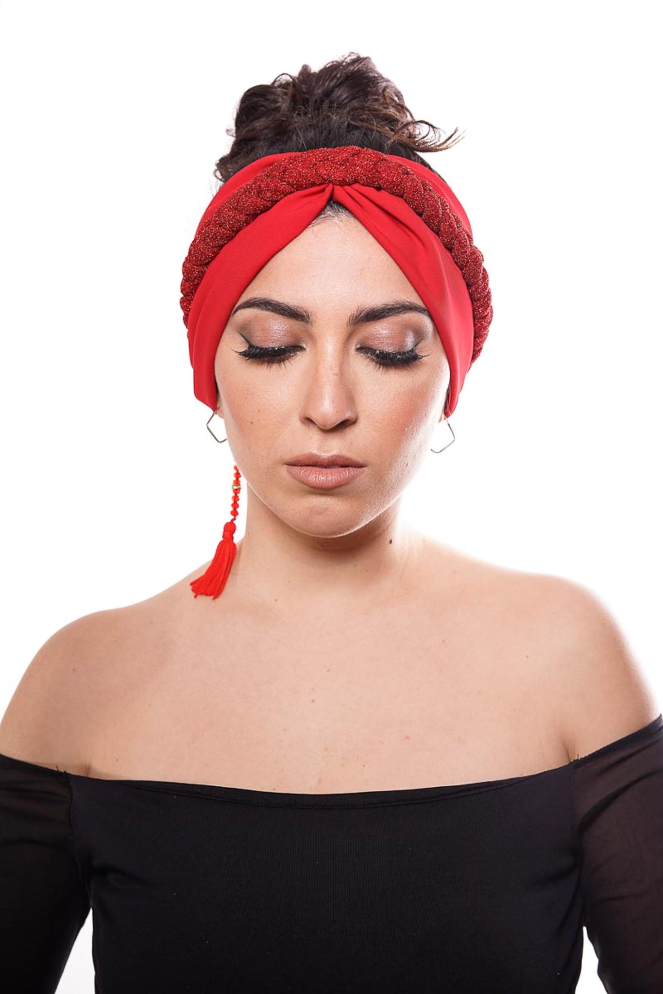 fascia per capelli effetto turbante con treccina rosso