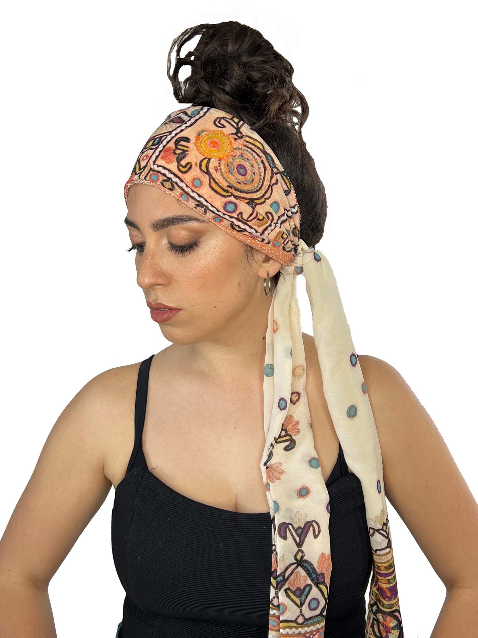 "Lucia" headband in ethnic patterned voile and peach lurex