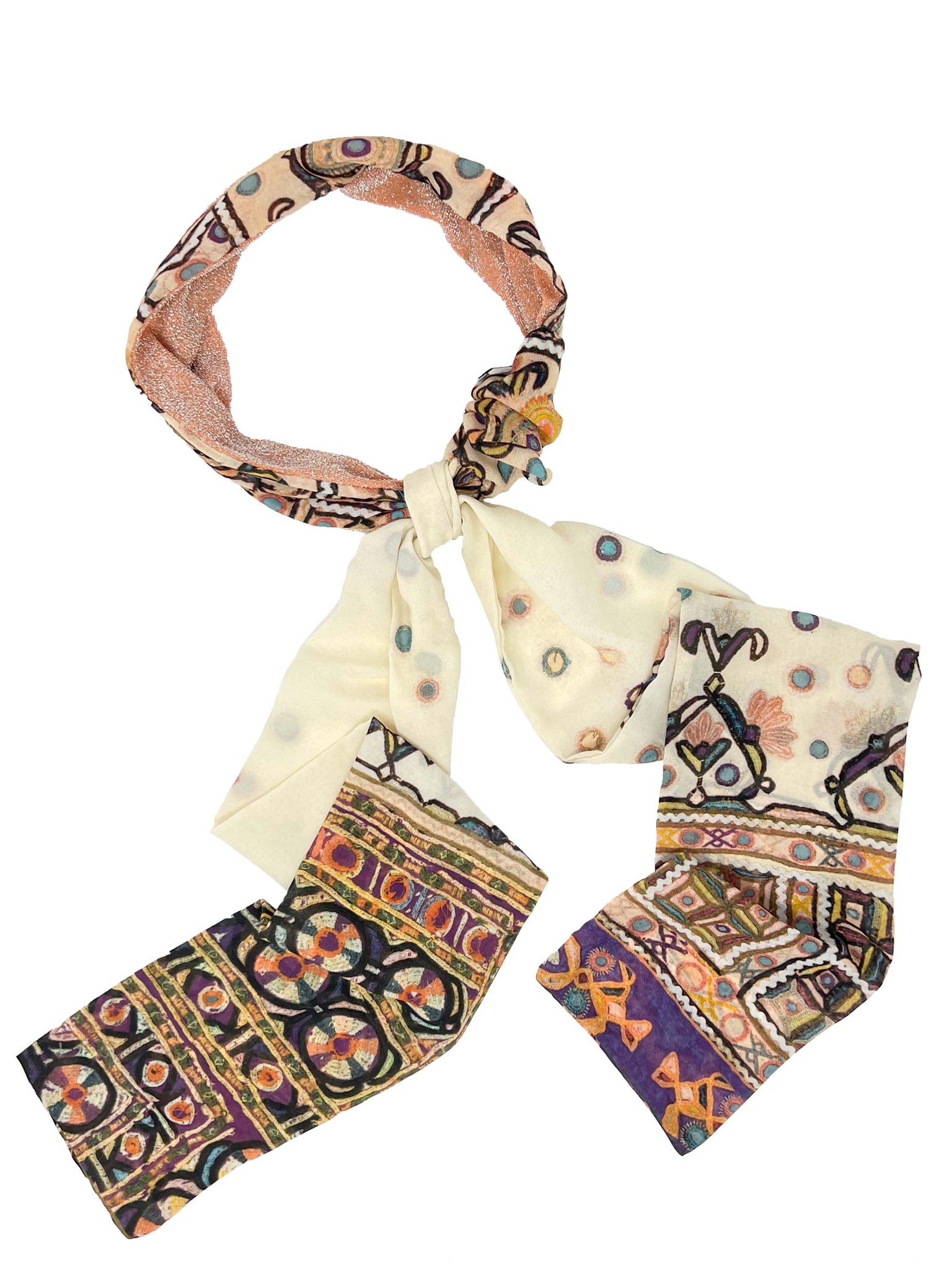 "Lucia" headband in ethnic patterned voile and peach lurex