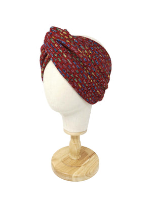 Burgundy wool headband with multicolor pattern