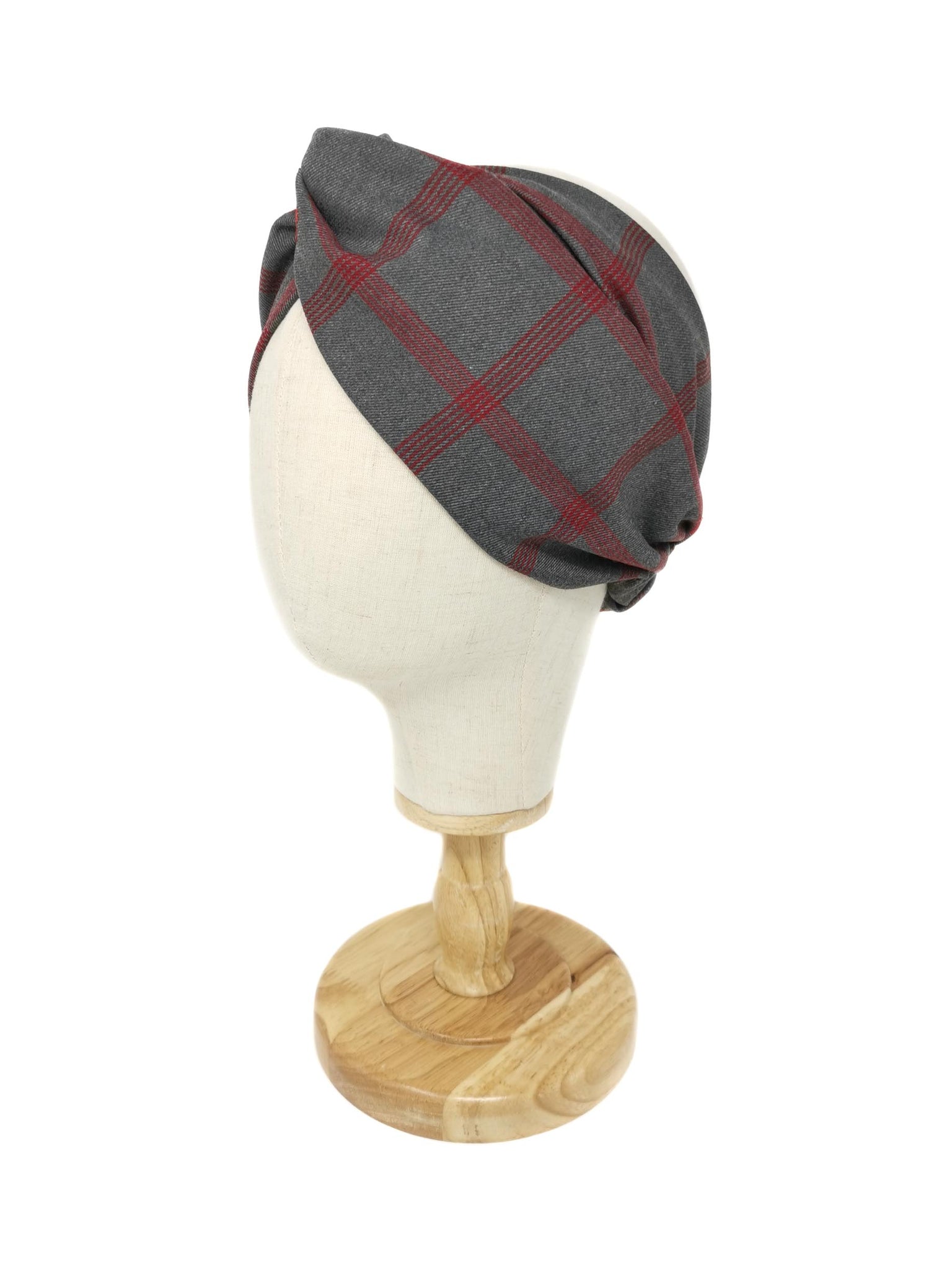 Grey and red tartan patterned wool headband with cotton flowers