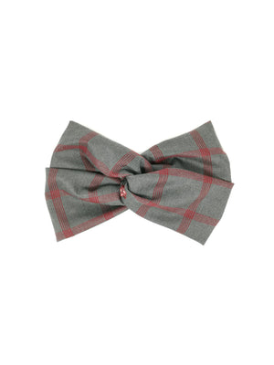 Grey and red tartan patterned wool headband with cotton flowers