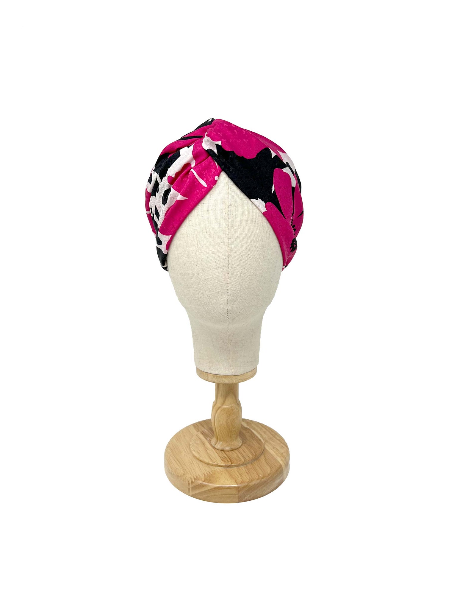 Vintage jacquard silk flower-patterned black/fuxia headband