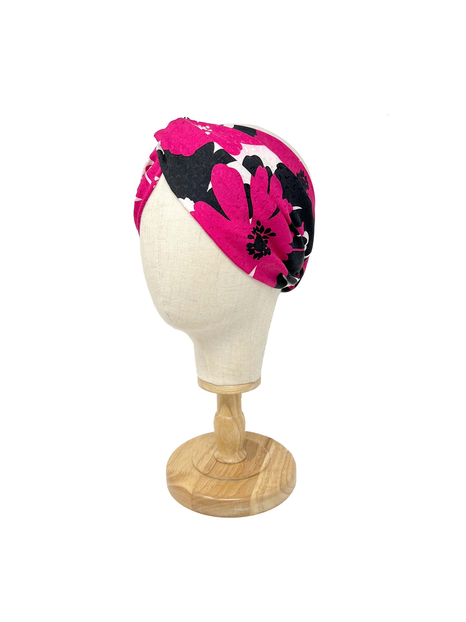Vintage jacquard silk flower-patterned black/fuxia headband