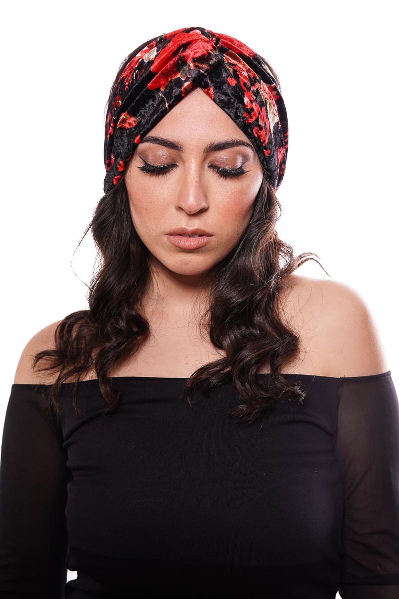 Red floral pattern velvet headband