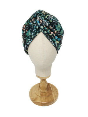 Black velvet headband with green flower pattern