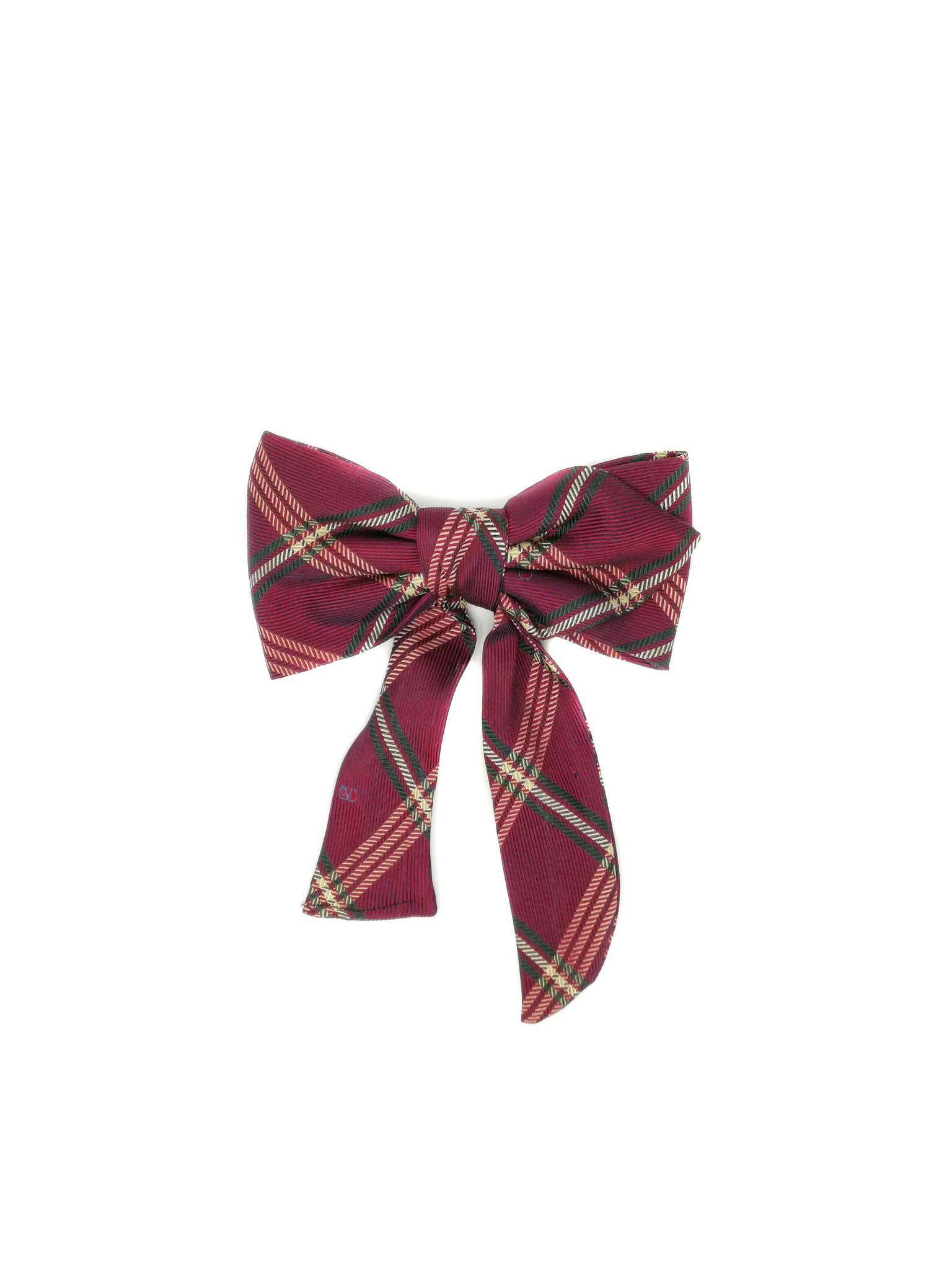 Burgundy tartan silk bow barrette made by vintage tie