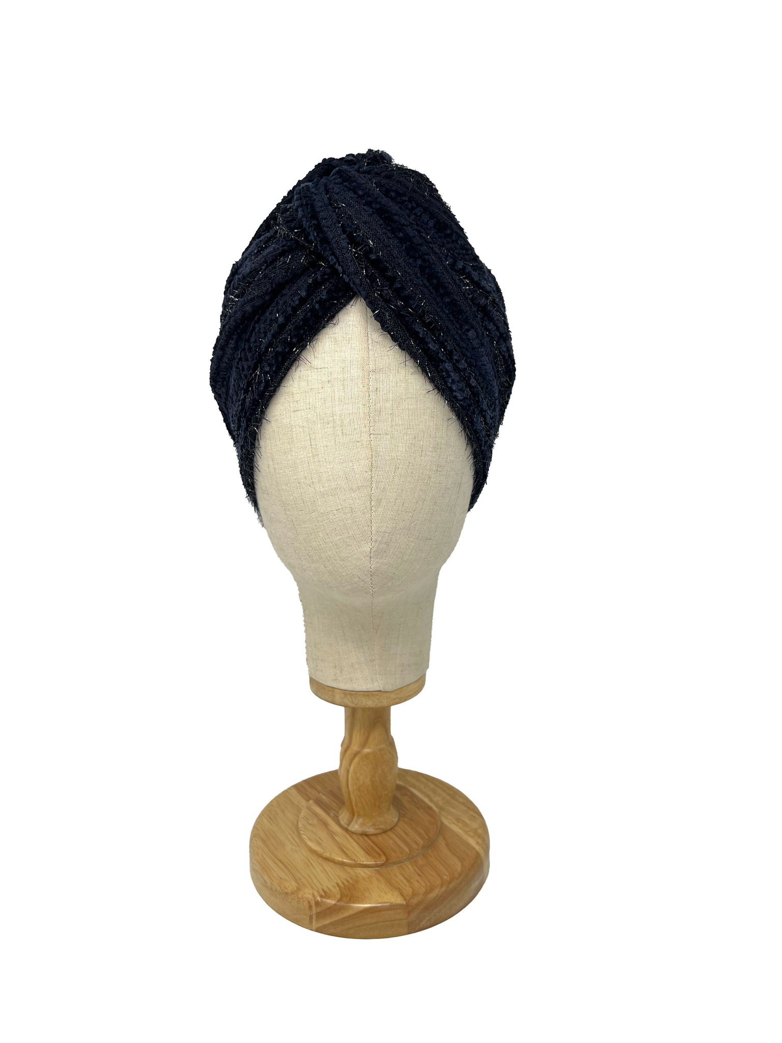 Midnight blue devoré chenille and lurex turban