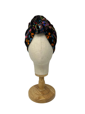 Turbante in velluto di seta paisley nero e multicolore