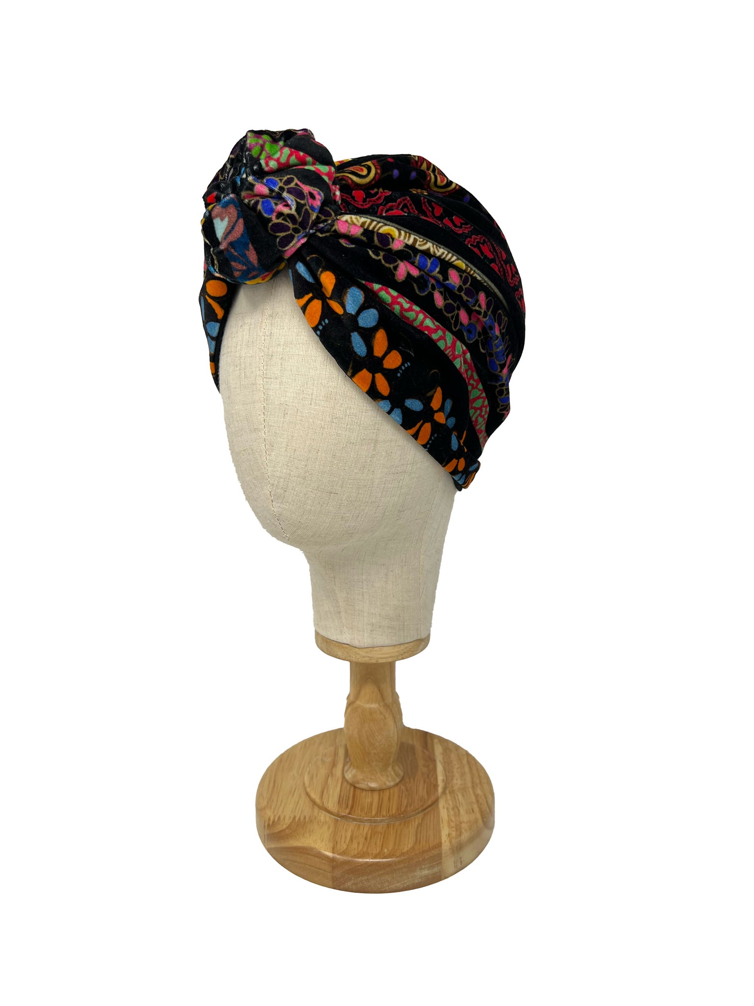 "Rachel" black and multicolored paisley silk velvet turban