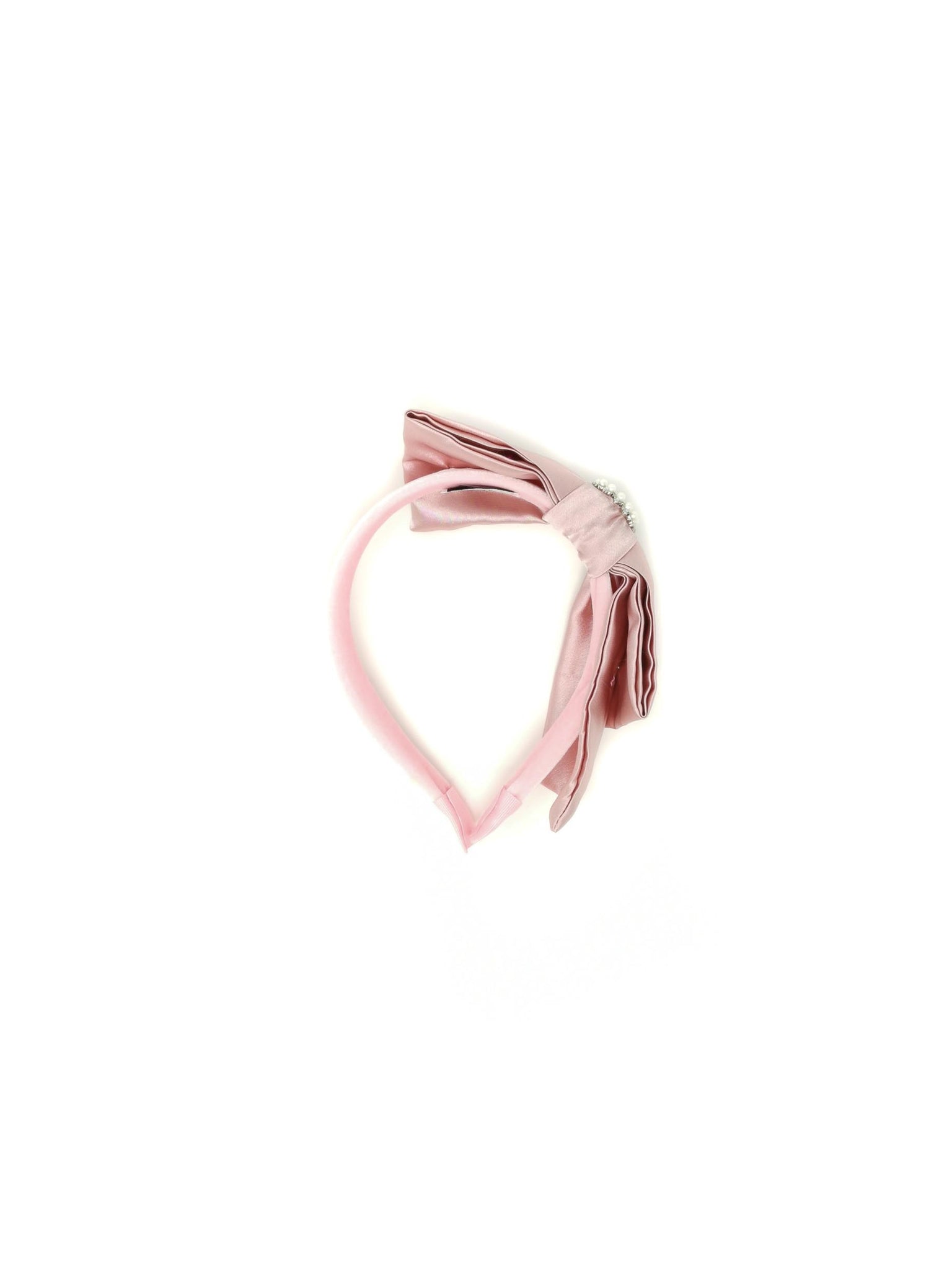 Pink satin hairband with lateral bow and crystals brooch