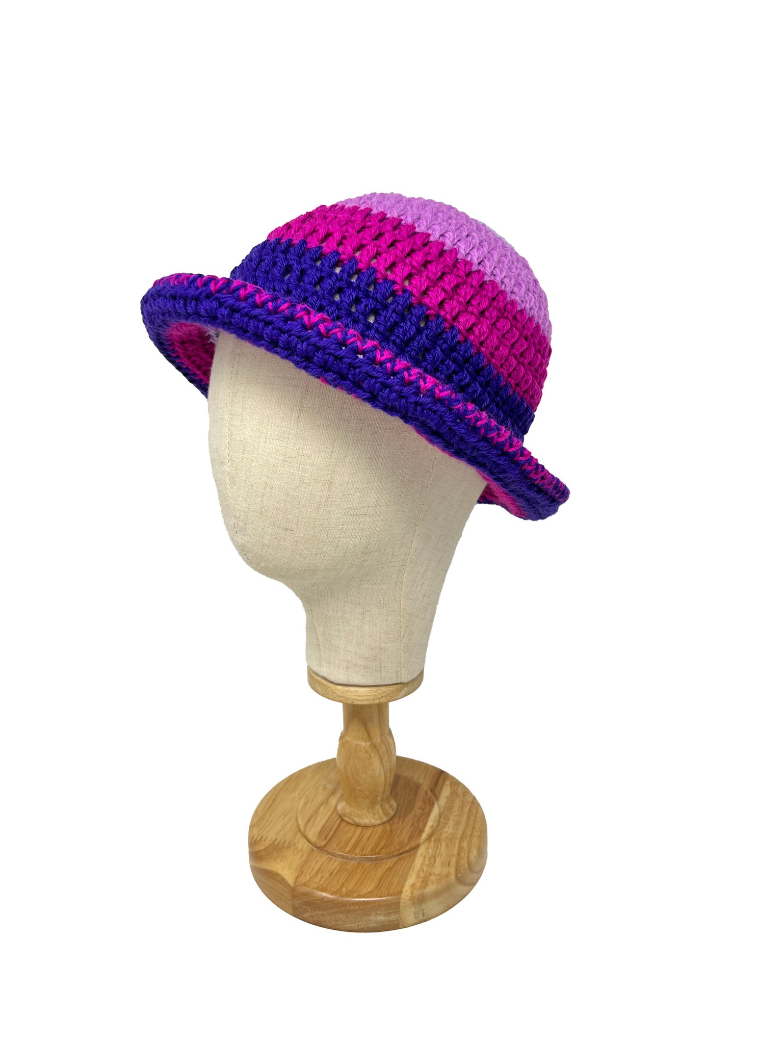 Shaded purple and fuxia striped hat in ethnic pattern crochet wool