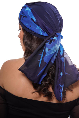 turbante per capelli donna con foulard fantasia fiori blu