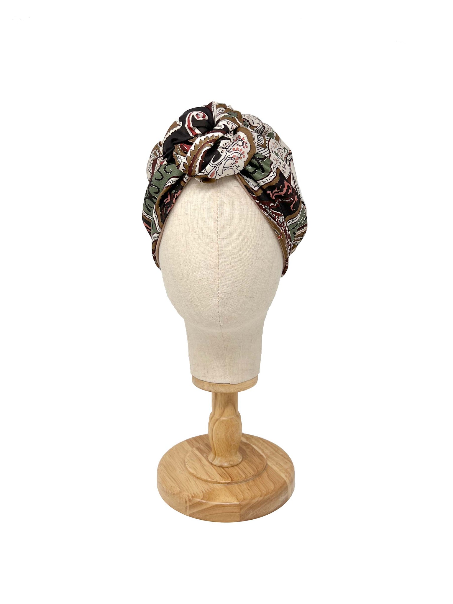 Sage green/brown cachemire patterned satin "Rachele" turban