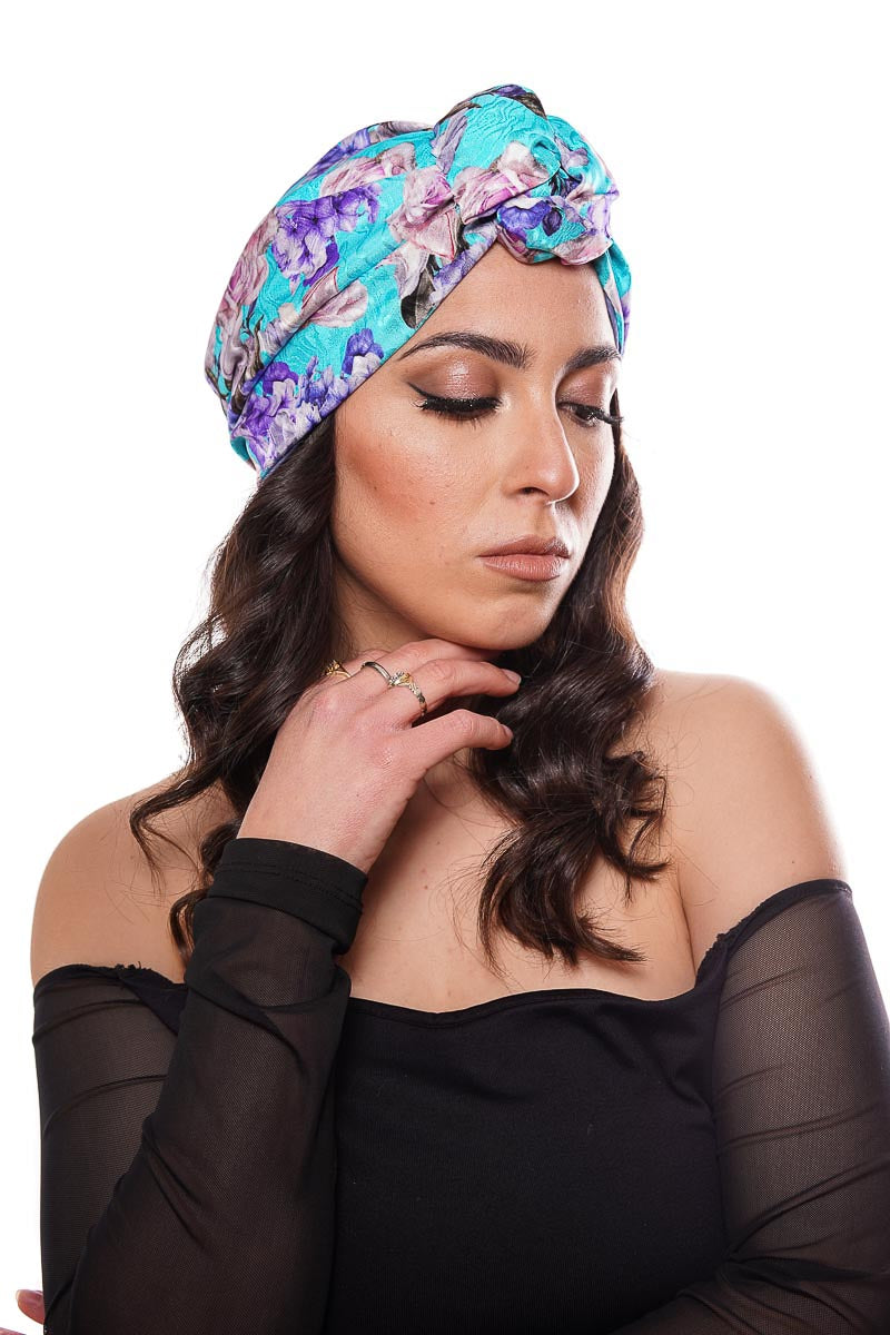 turbante per capelli donna fantasia floreale in seta made in Italy