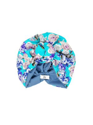 turbante in seta jacquard azzurra con fiori viola