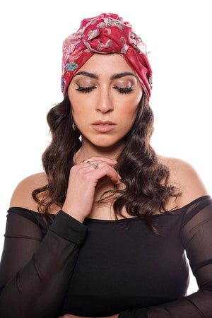 turbante per capelli donna made in Italy color fragola con fiori