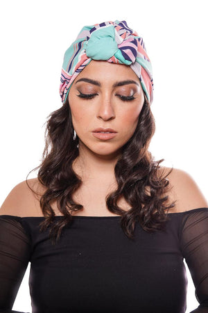 turbante per capelli donna in voile fantasia geometrica nei toni pastello