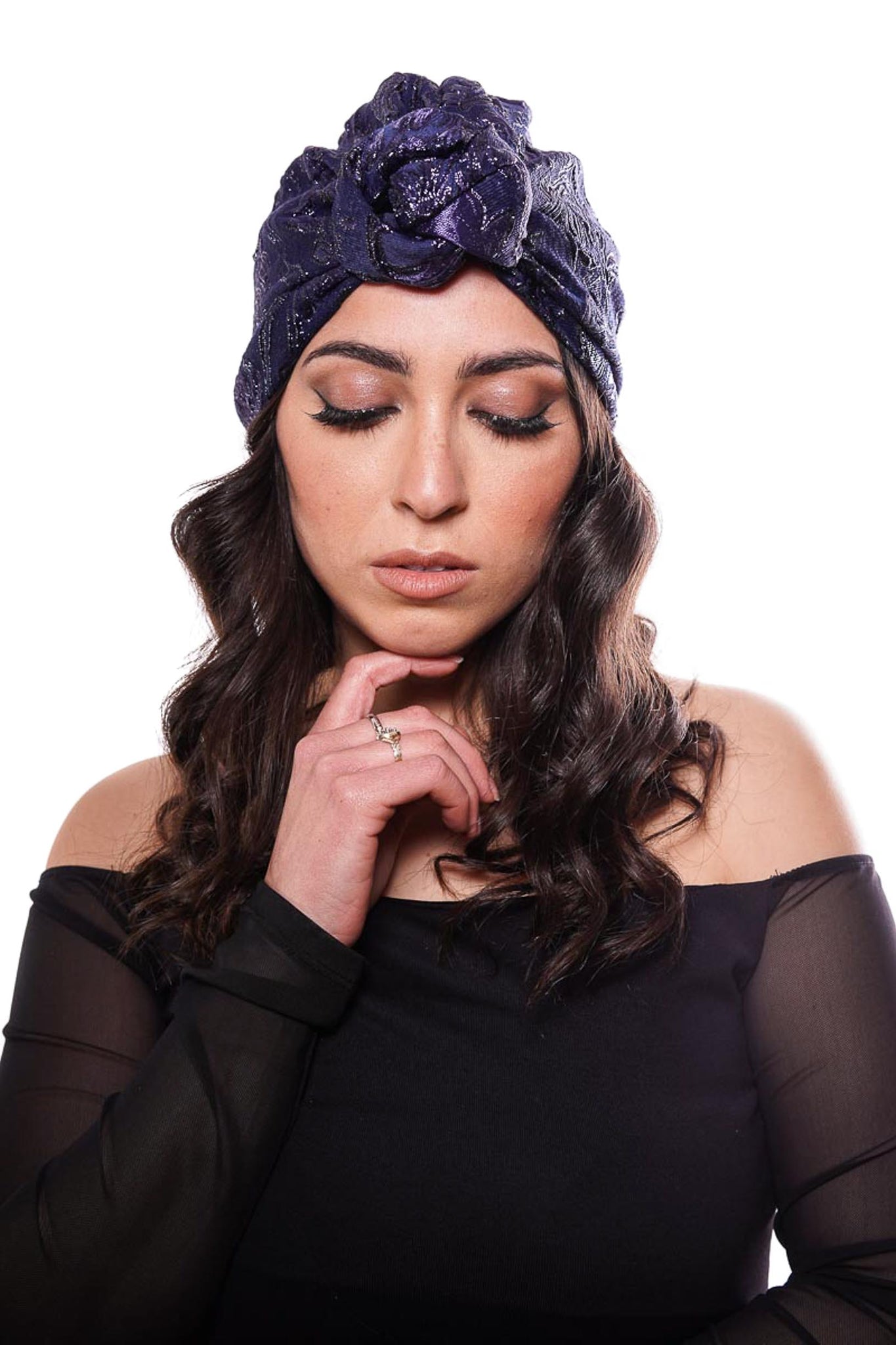 "Rachel" blue brocade jacquard turban