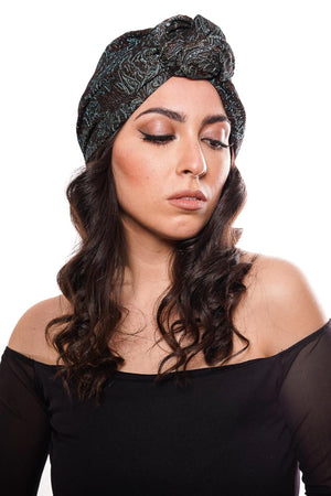 "Rachel" turban in dark brown and light blue brocade fabric