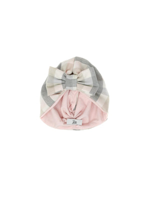 Pink and cream checked wool baby girl turban