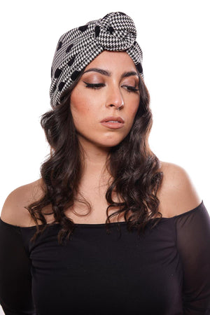 "Rachel" turban in houndstooth wool and black polka dots