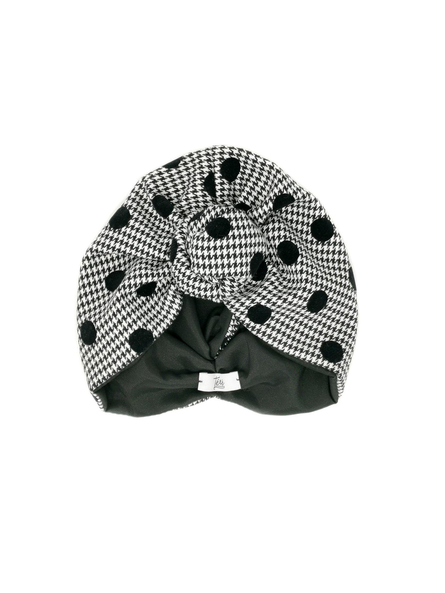 "Rachel" turban in houndstooth wool and black polka dots