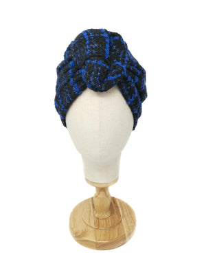 Black and electric blue wool tweed turban