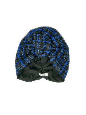 Turbante in tweed di lana nero/blu elettrico modello "Rachele"
