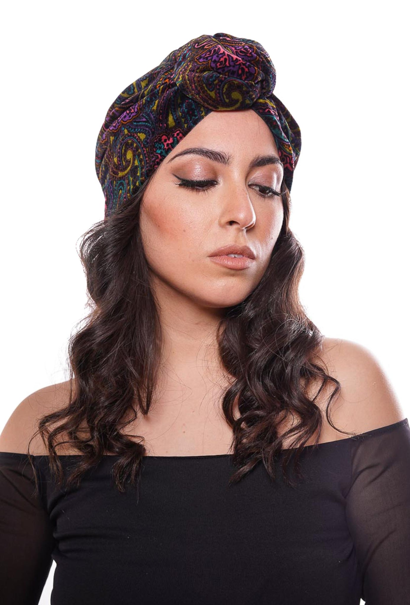 Paisley-patterned cotton velvet "Rachele" turban