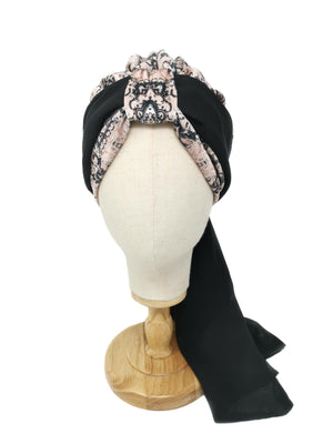 Turbante modello "Rosa" in velluto rosa fantasia con foulard in chiffon nero
