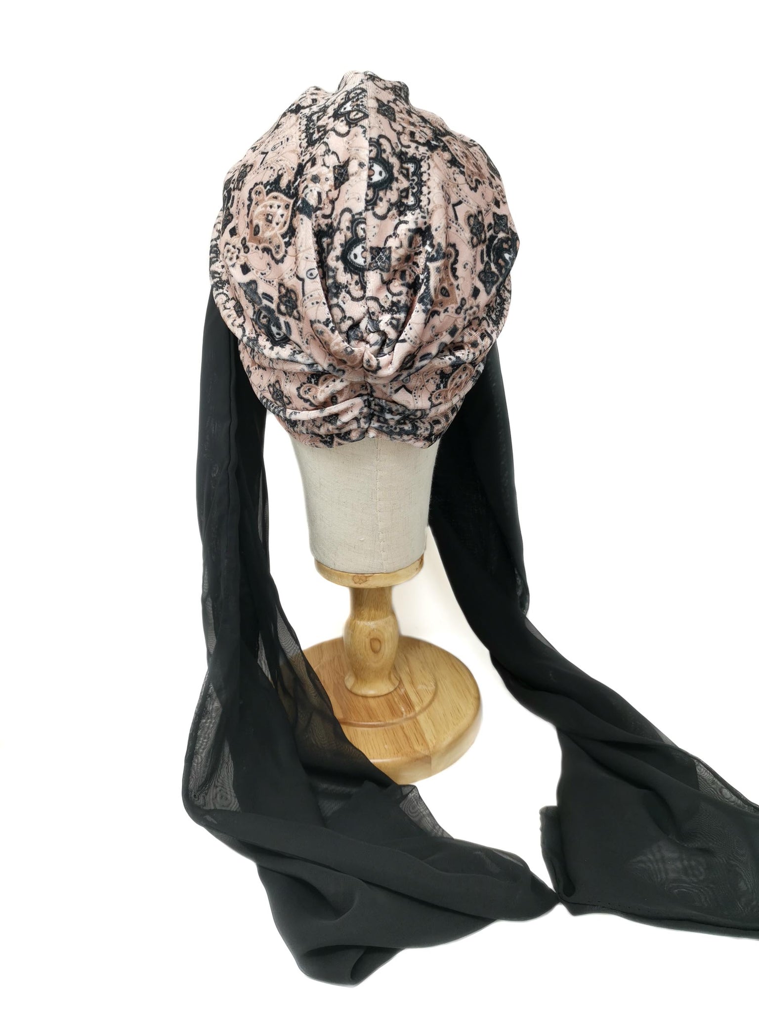 Pink velvet cashmere patterned "Rose" turban with black chiffon scarf