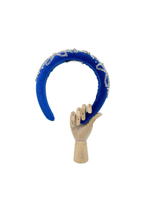 Electric blue velvet padded headband with crystal embroidery