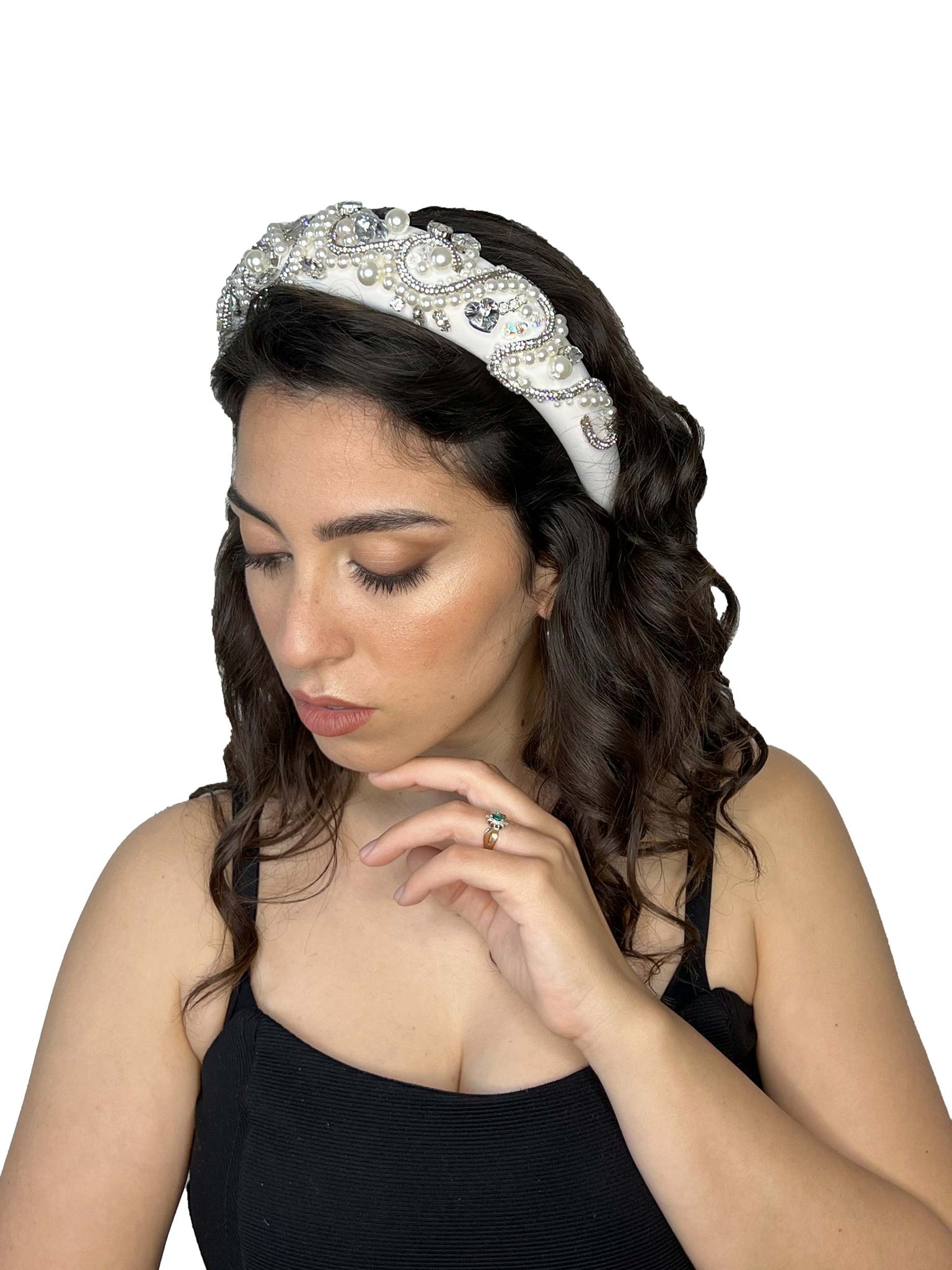 White padded embroidered hairband